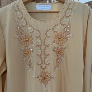 Vintage boho embroidered and beaded tan top, with a bit of sparkle!